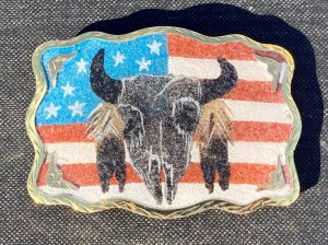 Skull and Feathers on USA Flag Sandpainted