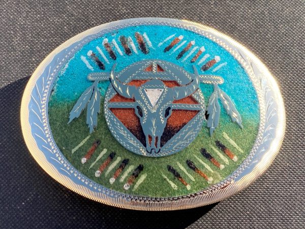 Skull and Feathers on a Shield Sandpainted