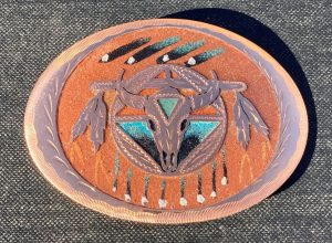 Skull & Feathers on a Shield Sandpainted