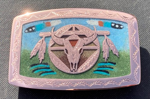 Skull & Feathers on Shield Sandpainted